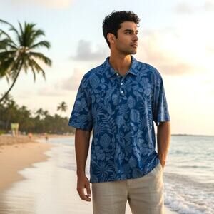 Tommy Bahama Hawaiian Polo Shirt Mens XL Turquoise Supima Cotton Golf Tennis